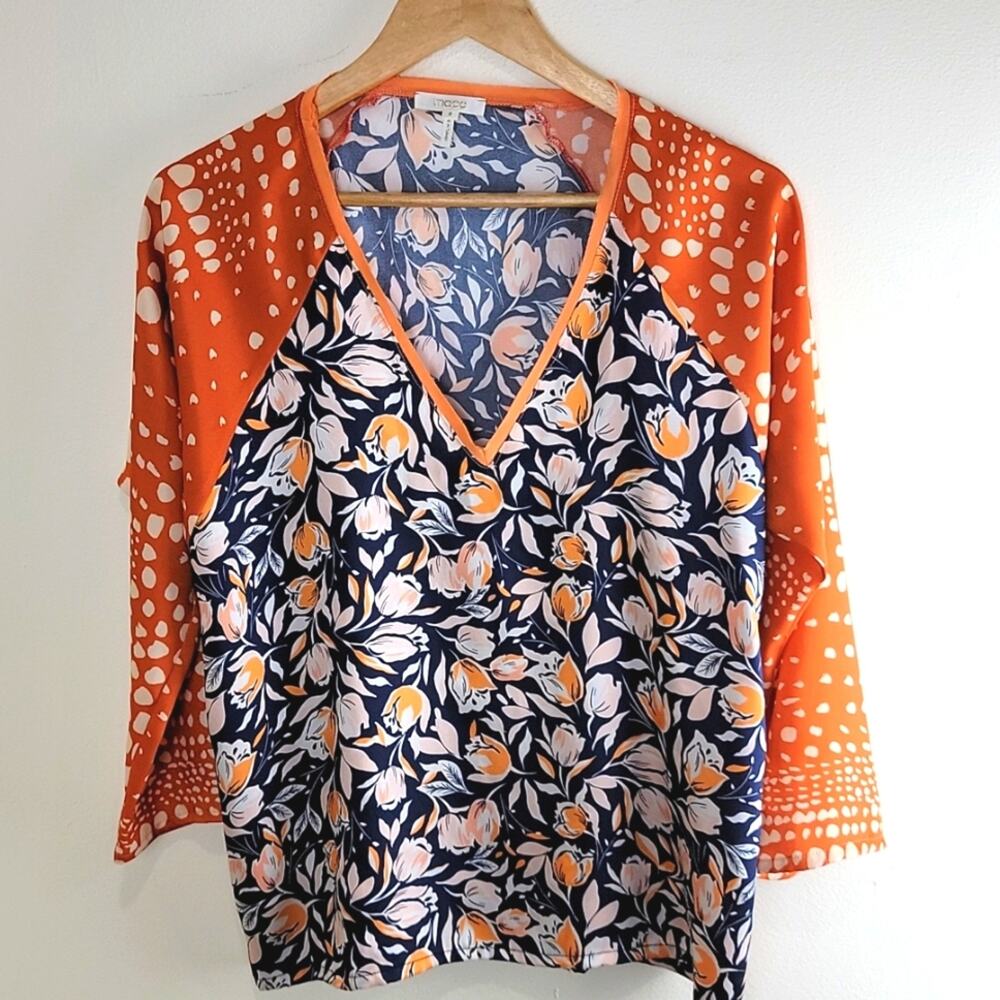 MAPA Istanbul Womens Floral V Neck Blouse size M Orange Long Sleeve